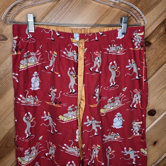 Nick & Nora Womens Small Red Flannel Pajamas Sock Monkeys Skating Orange Trim - Picture 5 of 8